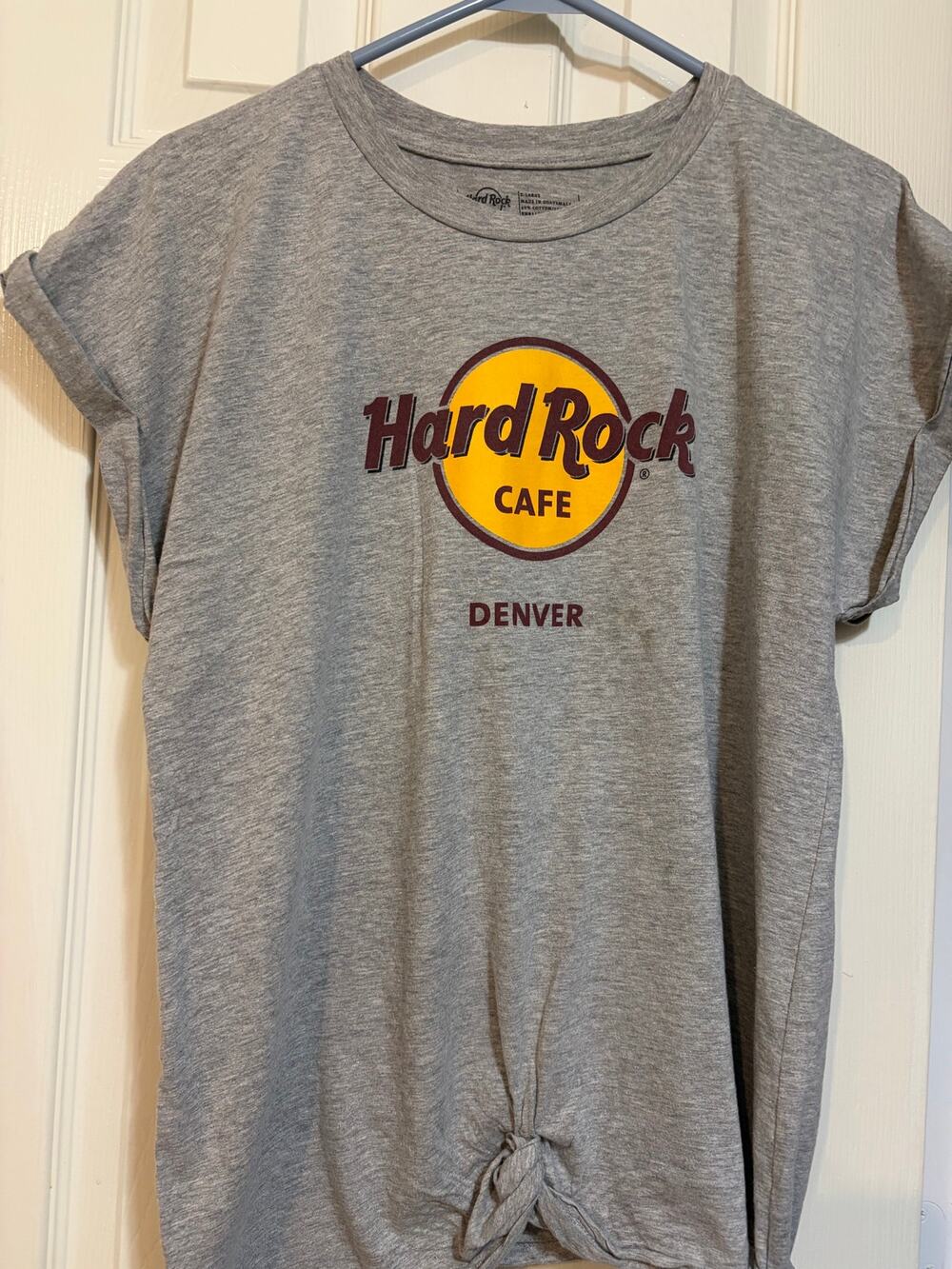 Hard Rock Cafe Denver Gray Tie Front Graphic T-Shirt Women Large Short Sleeve